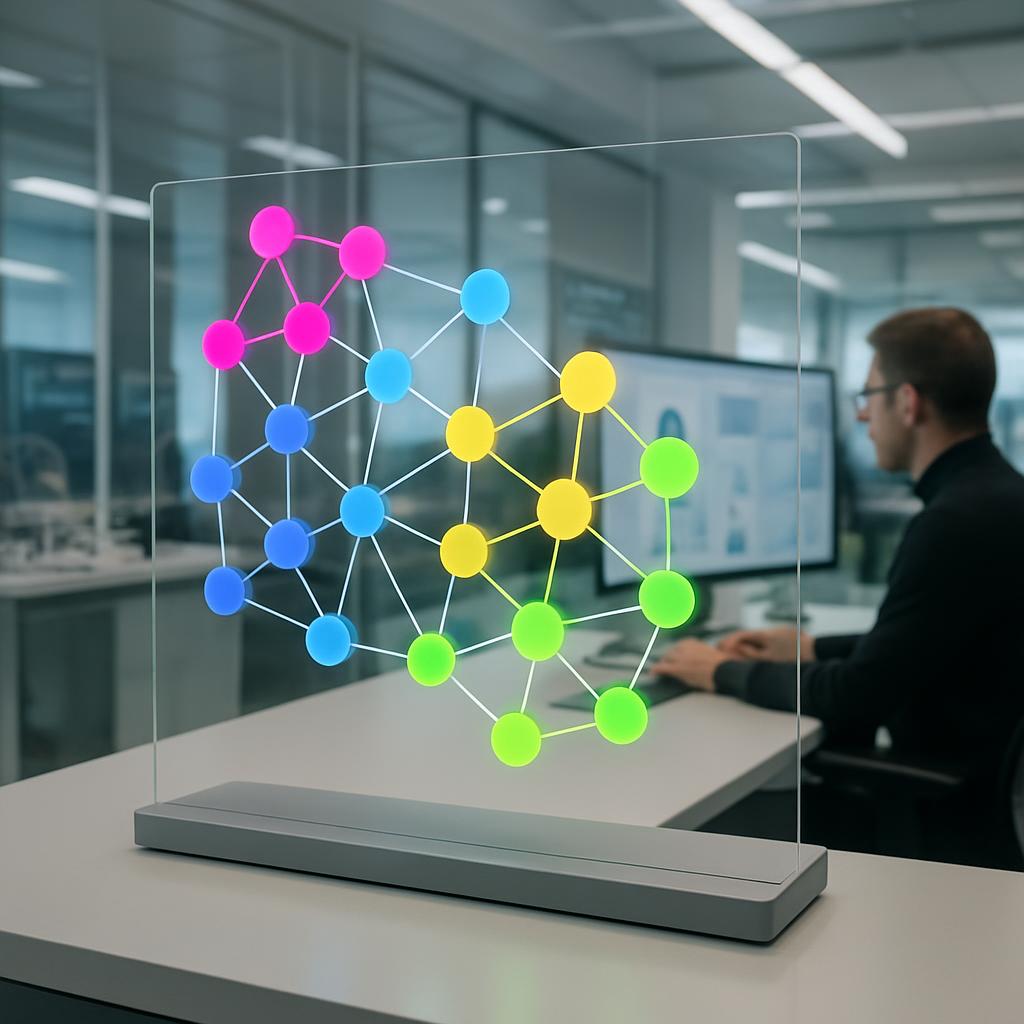 A clear display screen depicting a network connecting nodes of various colors in a modern office setting.